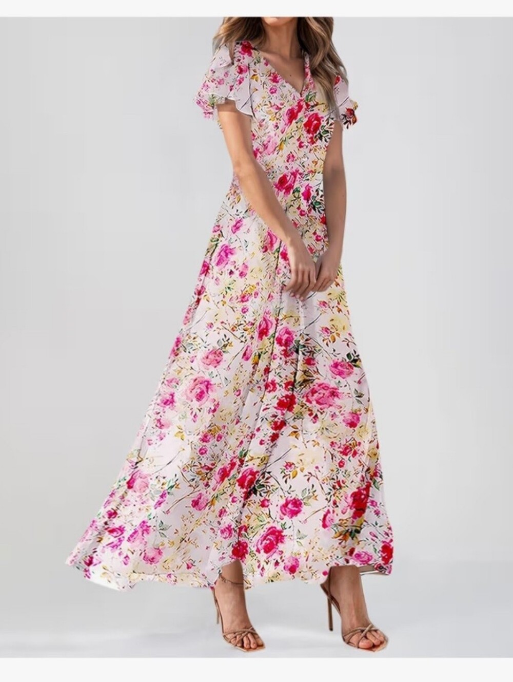 Pink Floral V-Neck Maxi Dress #105